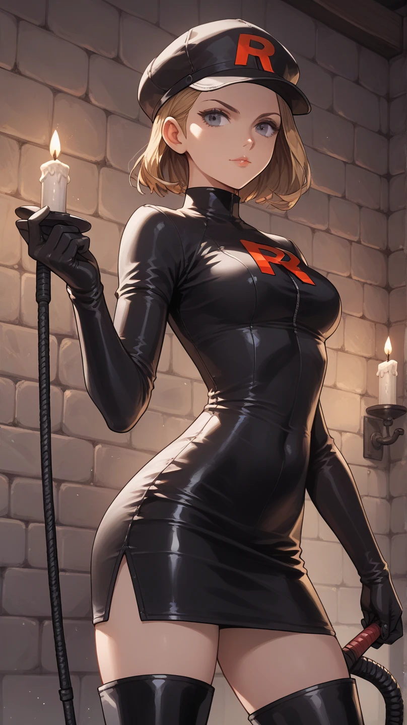 score_9, score_8_up, score_7_up, score_6_up, score_5_up, score_4_up, source_anime, 1girl,black hair, hair bun, red eyes,lush breasts, w-w-chain,ponytail, messy hair,latex shirt,pants,thigh high boots,blue and red boots,high heels,dungeon, best quality, best res, 4K UHD,