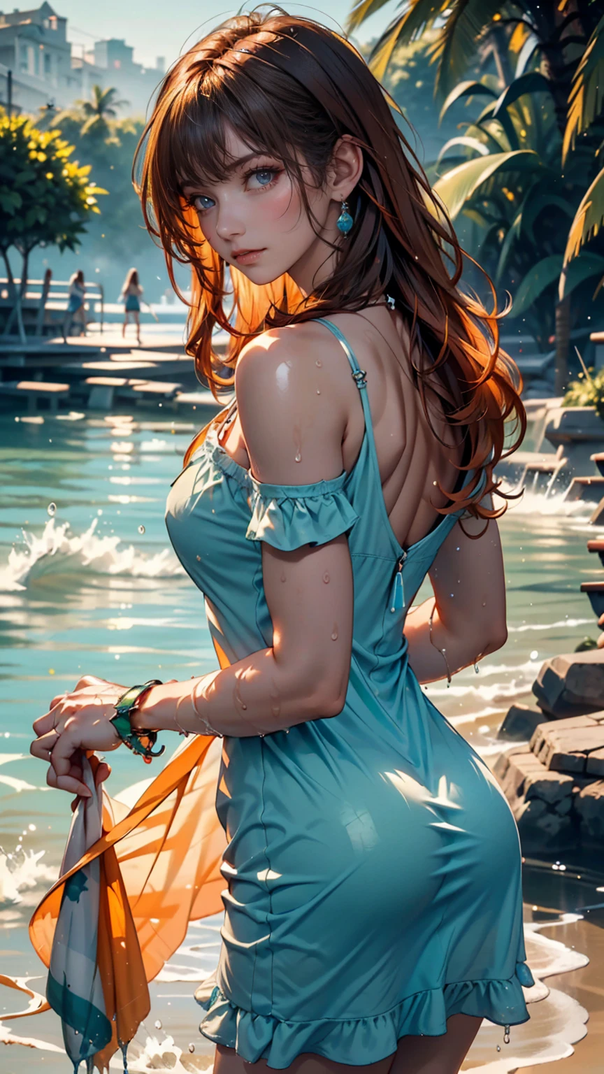 (Full body shot) Tia is shown to have a fairly slender figure. She has white-grey hair , she has short hair and large pale green eyes, A beautiful and peaceful picture, a girl sitting half-cross-legged on the dock, her face level with the shifting gold and orange rays of the sun.  The sky is colored with stunning sunset colors and the clouds are stacked in various shapes.  A fine mist of water slowly rises in the cold air.  The Flood Sea reflects the pink and orange colors of the sky as if it were a mirror of the sky below it.  The girl looks calm and focused and shows a calm spirit in the midst of this beautiful scene, reflecting the tranquility and peace of this picturesque location., cleavage exposed, medium breasts, superior quality, many details, Puri focus  Sharp and realistic