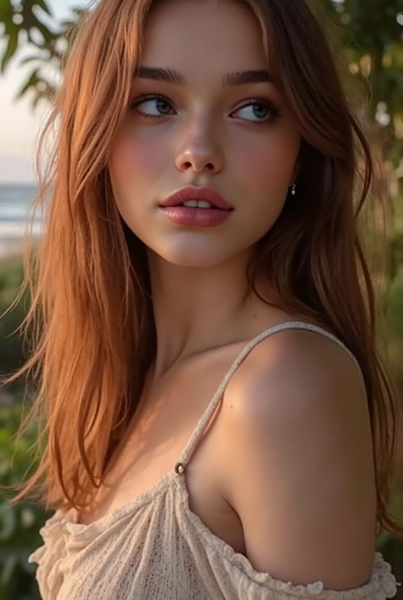 🌟 quality & silent:
masterpiece, 8k, ultra high resolution, hyperrealistic, very detailed, natural lighting, SLR lighting, SLR camera , Fujifilm XT3, film grain, Sharp concentration, perfect lighting.
🌌 Scene & background:
different backgrounds:
A romantic sunset on the beach, with warm, golden hues .
A dark, mysterious forest with moonlight, that falls through the trees.
A luxurious Bedroom with candlelight and silky curtains.
Ein urbaner background mit Neonlichtern und regennassen Straßen.
😈 model & Styling:
a young, wild girl with fiery red hair, flattop , which in various Poses fall loose or styled are, and bright blue eyes . She is wearing a lightweight , torn dress made of natural materials, that underlines her free and independent nature.
🔥 Pose & Mood:
Different sensual facial expressions:
she looks directly at the camera , with a seductive smile and half-closed eyes.
She bites her lower lip, with a playful and tempting look.
She tilts her head slightly to the side, with a dreamy and sensual expression.
She looks over her shoulder, with a mysterious and intense look.
Die Mood ist sinnlich, seductive and full of emotions.
💋 Brief summary 💋
"a young, wild girl with fiery red hair and bright blue eyes in verschiedenen Porträtaufnahmen von Kopf bis unter die Brüste. It shows sensual facial expressions against different backgrounds, from a romantic sunset on the beach to a dark, mysterious forest. Die Scene ist hyperrealistic, hochdetailliert und in 8k-quality, with a sensual and seductive expression Atmosphere."