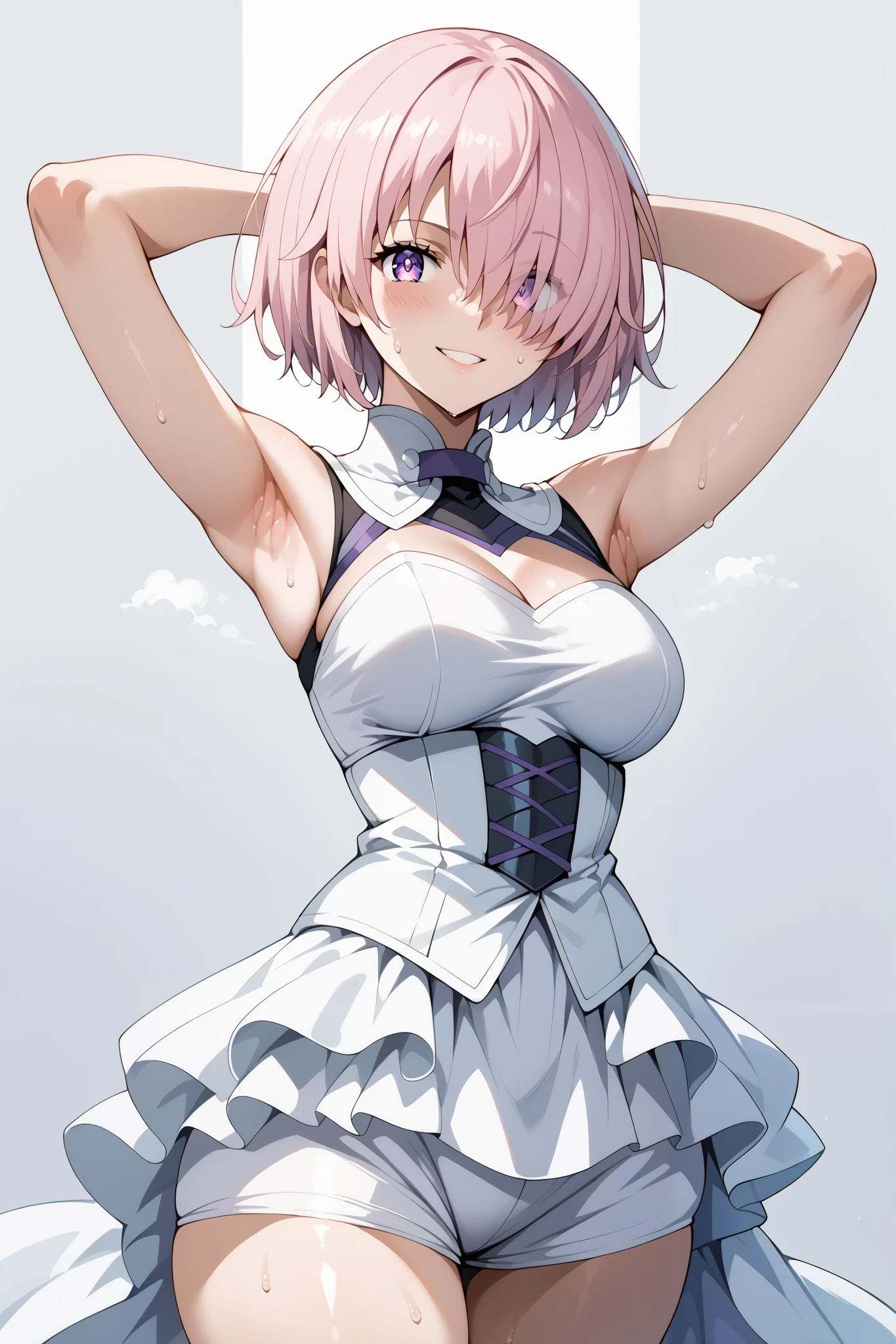 score_9, score_8_up, score_7_up, source_anime, 4K,perfect fingers,(perfect hands, perfect anatomy),prefect lighting, very aesthetic, intricate details,highly detailed background, masterpiece, high quality, best quality,
1girl, mashkyrielight, mash kyrielight, short hair, purple eyes, pink hair, hair over one eye, large breast,
wearing ((black wedding dress, ))
sweating, ((white plain background)), standing,looking at viewer,evil smirk, cowboy shot, filed, Arms up, armpits ,high thigh individual ,