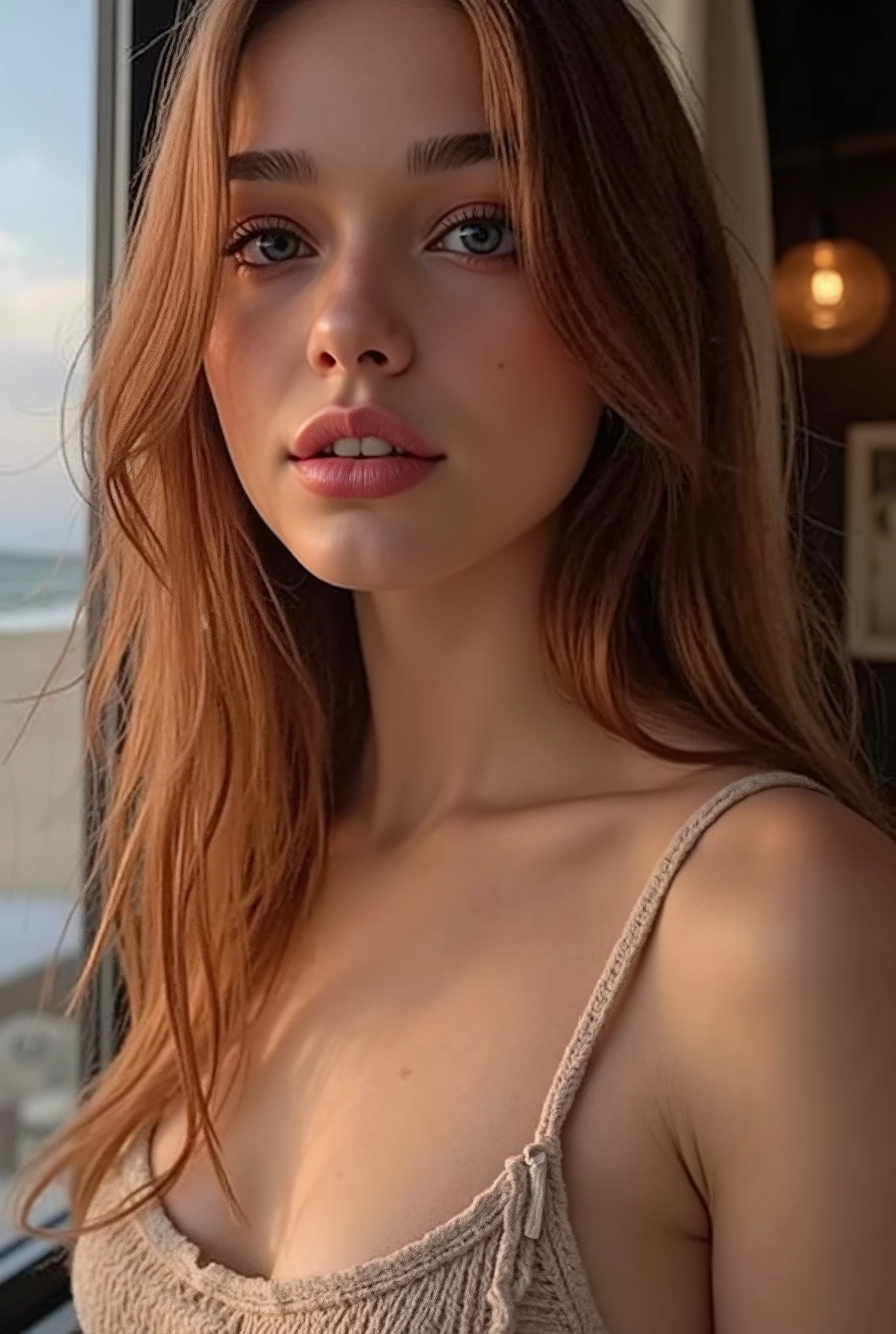 Make Mirka, Russian cute girl, white skin, 20 years old, Thin nose, Small mouth, Light blue eye, Beautiful face, seductive look, very horny, in the same position, in the same scenario, totally naked, sexy body , Brownish red hair