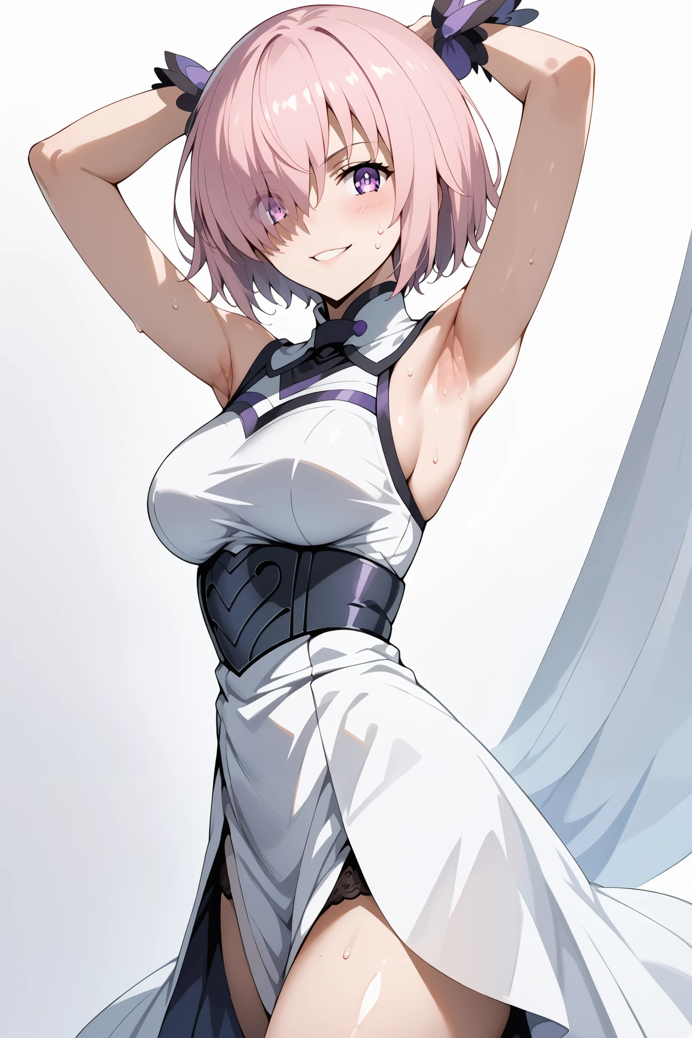score_9, score_8_up, score_7_up, source_anime, 4K,perfect fingers,(perfect hands, perfect anatomy),prefect lighting, very aesthetic, intricate details,highly detailed background, masterpiece, high quality, best quality,
1girl, mashkyrielight, mash kyrielight, short hair, purple eyes, pink hair, hair over one eye, large breast,
wearing ((black wedding dress, ))
sweating, ((white plain background)), standing,looking at viewer,evil smirk, cowboy shot, filed, Arms up, armpits ,high thigh individual ,