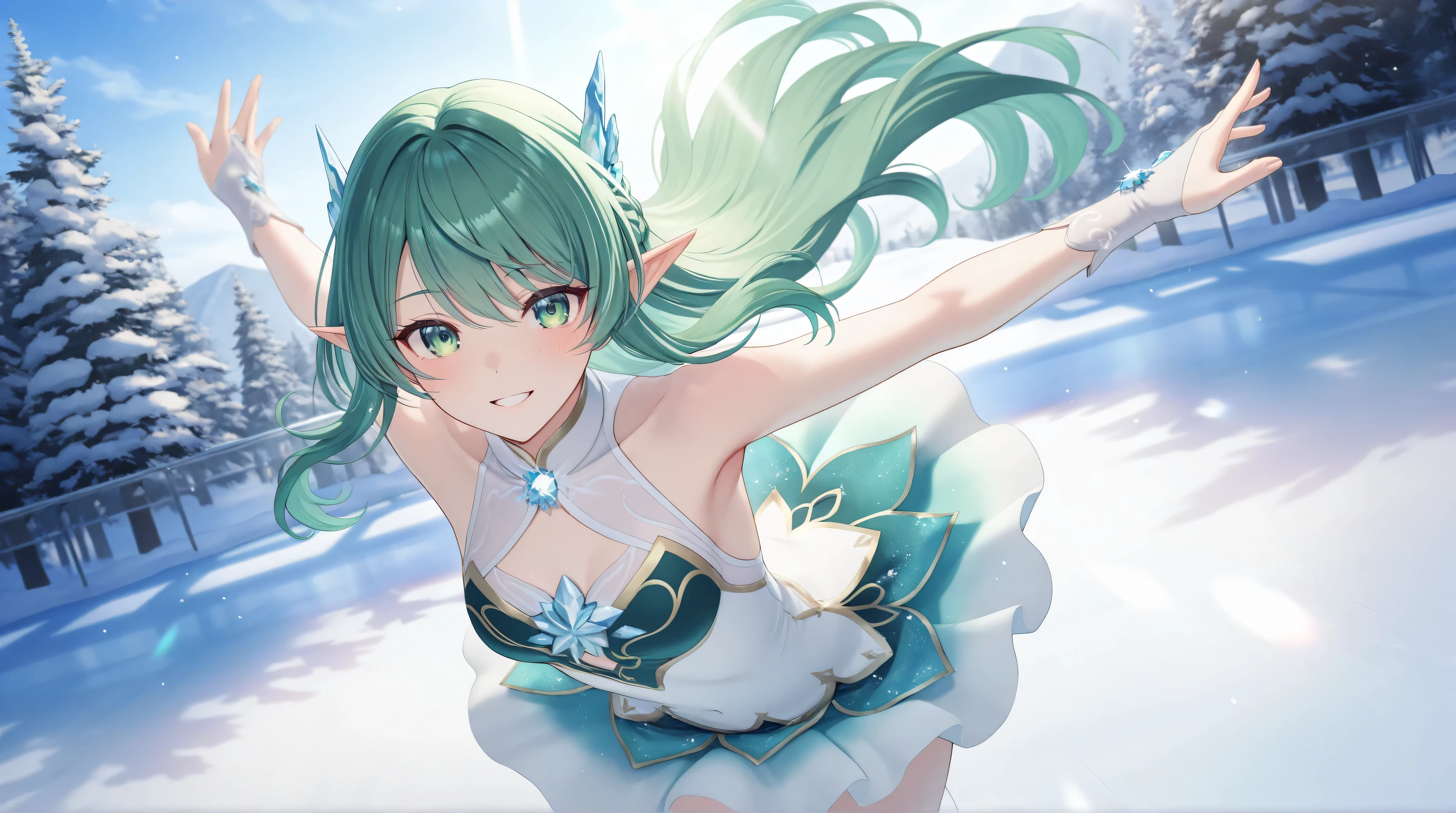 A ite elf girl with vibrant green hair, delicate features, and fair skin stands gracefully. Her pointed ears peek through her soft green hair, emphasizing her enchanting presence. She elegantly glides across a natural outdoor ice rink, dressed in a beautiful figure skater costume. Her graceful movements convey elegance and skill as she performs a captivating skating routine. The picturesque outdoor setting features pristine ice surrounded by snow-covered trees and mountains, with soft sunlight enhancing the magical and serene atmosphere. Her figure-skating costume sparkles subtly, complementing her graceful and dynamic presence in this enchanting winter scene.