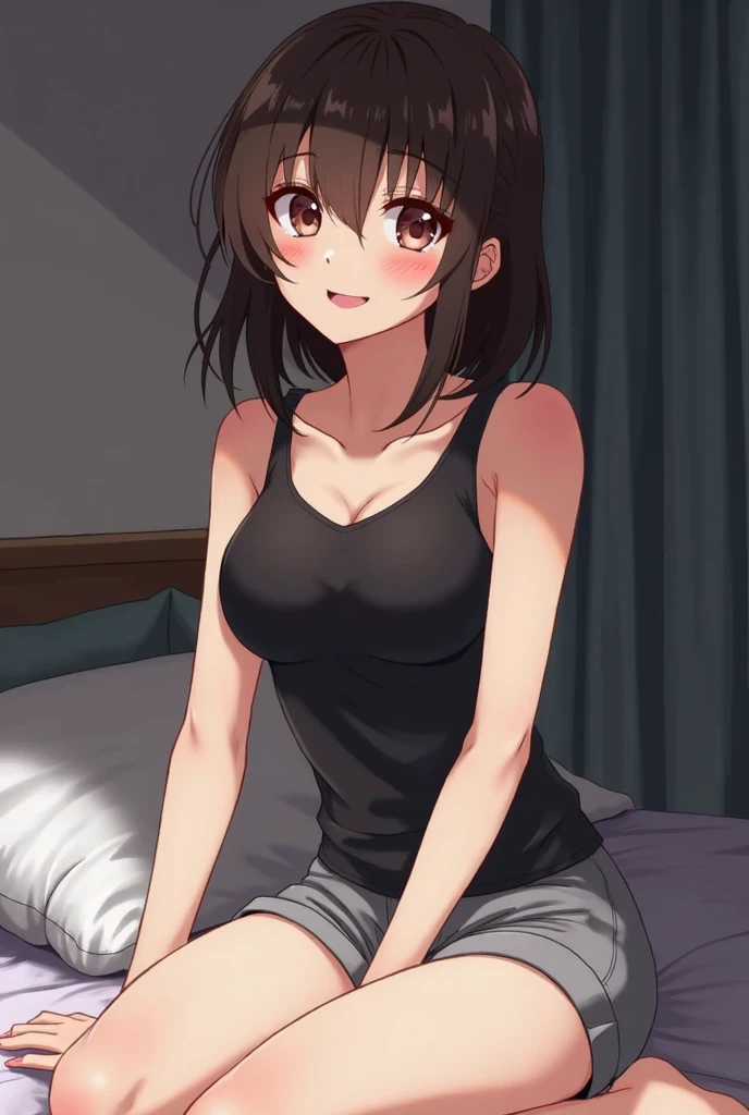 (Best quality:1.3), nakano miku, brown long hair, hair between eyes, tight tank top, cleavage, large round breasts, smiling, crotch, panties, spread legs, bedroom background, (pov), exposed breast, nipple, nfsw