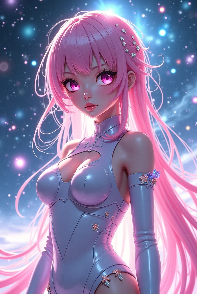 seraphine1, league of legends, nsfw, pink hair, queen, risque pose, big boobs, cleavage, digital illustration, vibrant colors, soft lighting, perfect face, absurdres, ultrasharp, 8K, long hair, space buns, lolita dress, gothic, dark angel