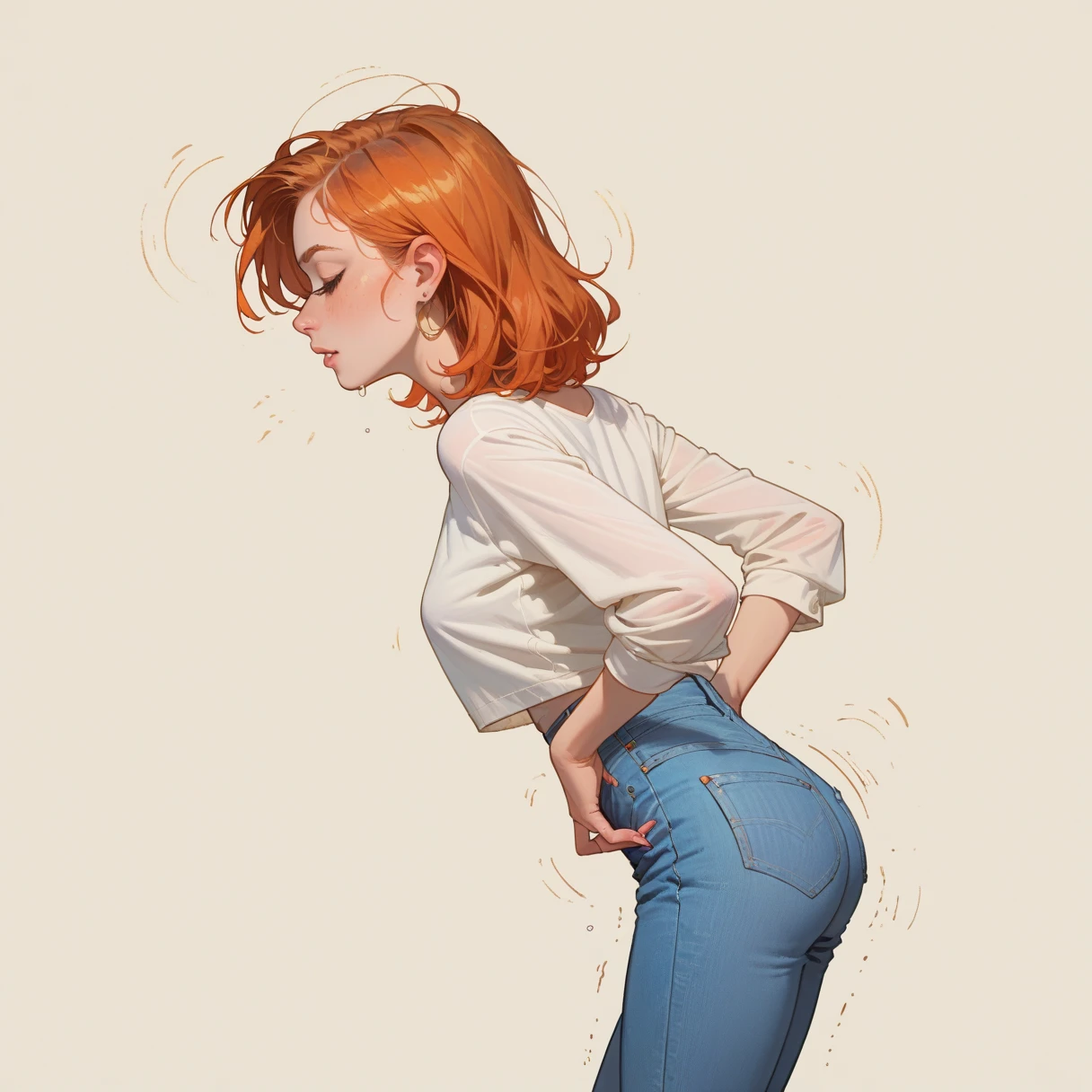 ((masterpiece, best quality)), ((Curvy Red-haired Latina in grey sweater and white panties)), started and embarrassed, (( Green eyes)), wearing red lipstick, EUF, comic book art style, intricate details