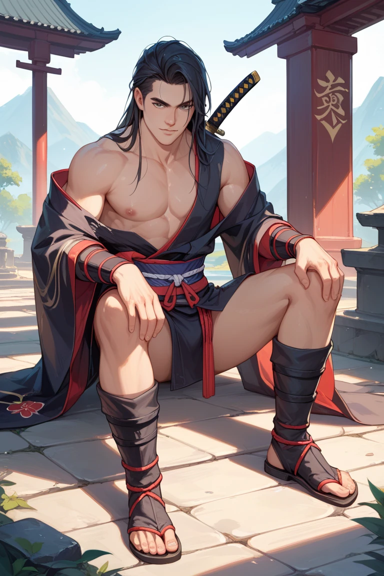 Realistic,Hot muscular Male concubine in the Han dynasty sitting with legs spread apart, wearing ancient revealing Chinese dress with long hair and masculine features.Battle scars,very sexy