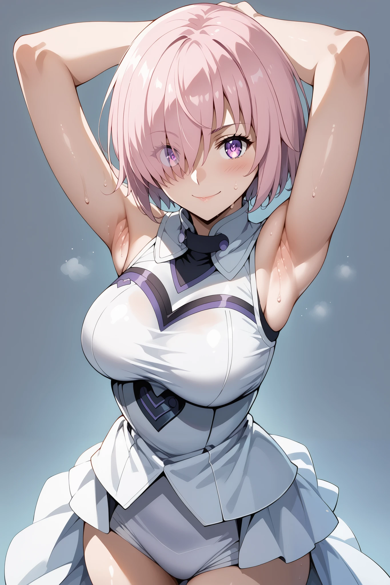 score_9, score_8_up, score_7_up, source_anime, 4K,perfect fingers,(perfect hands, perfect anatomy),prefect lighting, very aesthetic, intricate details,highly detailed background, masterpiece, high quality, best quality,
1girl, mashkyrielight, mash kyrielight, short hair, purple eyes, pink hair, hair over one eye, large breast,
wearing ((black wedding dress, ))
sweating, ((white plain background)), standing,looking at viewer,evil smirk, cowboy shot, filed, Arms up, armpits ,high thigh individual , ((up view:1.5)),