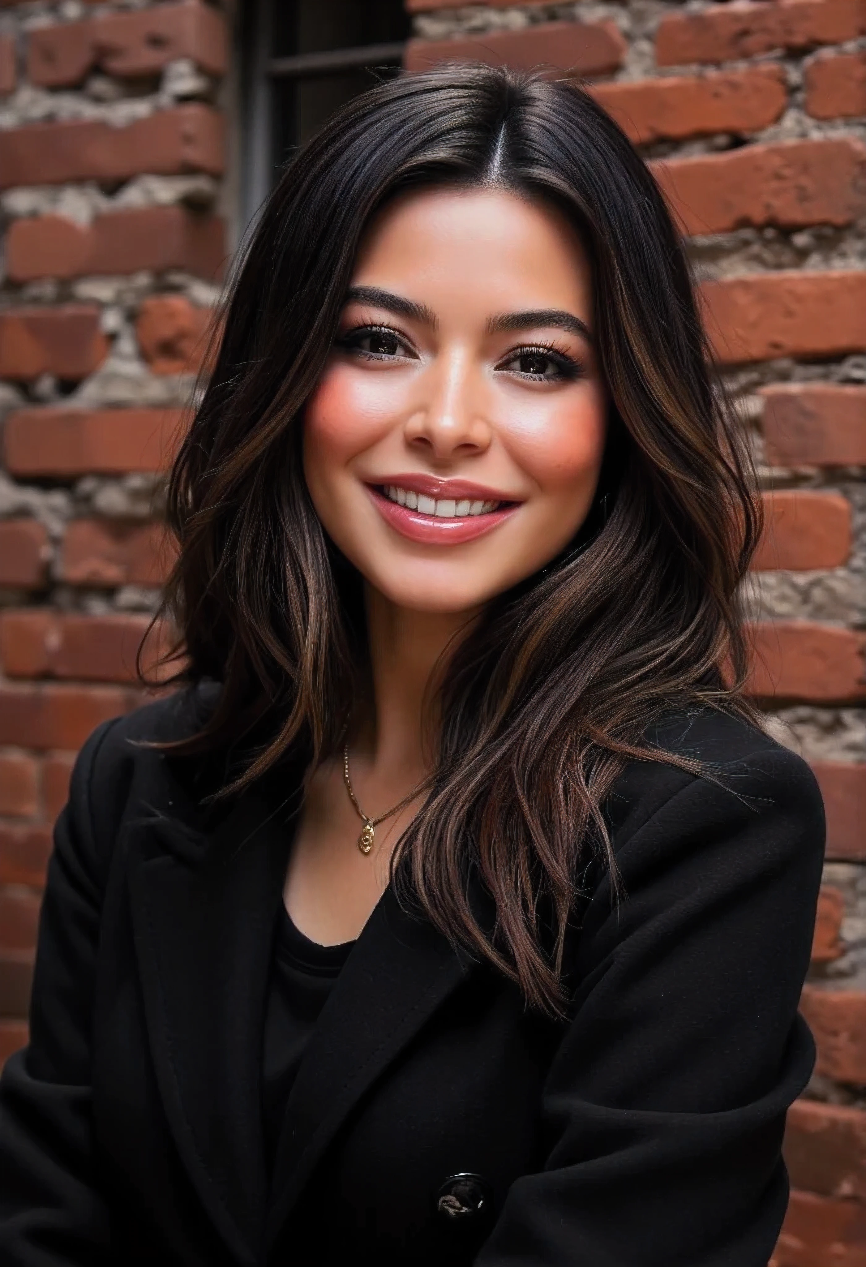 Miranda Cosgrove, extremely detailed, highres, brick wall background, beautiful detailed woman, light on face, looking at viewer, POV, black skirt, black coat, smile, perfect face, solo