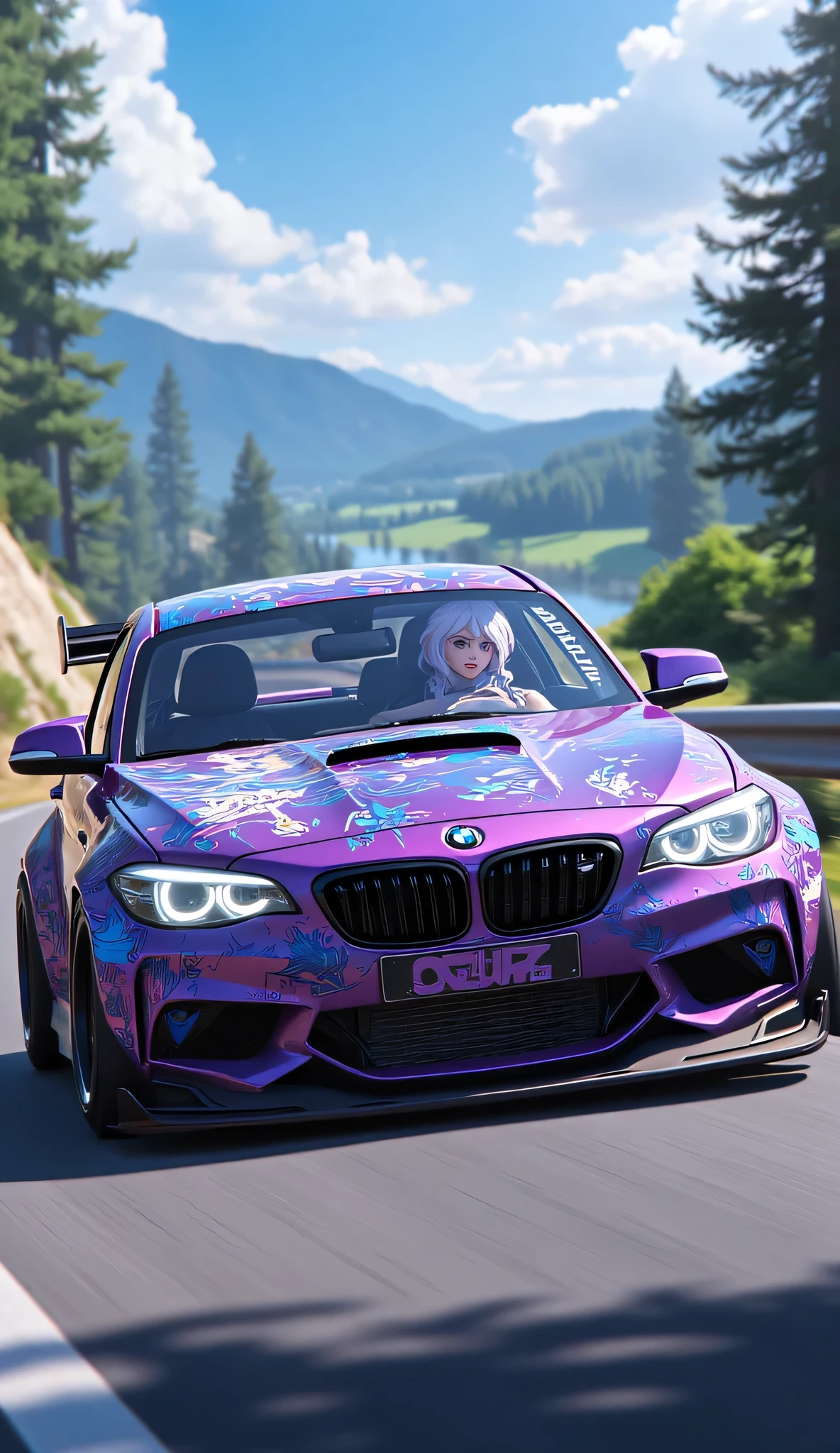 Red BMW 125i modification,wide body and negative wheel base wheels, Furina in your car_Genshin's patterns,A girl cosplays Funina while sitting in a car and driving,The car is driving on a scenic road