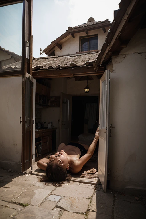 Femme cheveux ondulés corps médium énormes sein s habillé en body en mesh avec harnais blanc trans parent debout lumineux regarde droit devant dans la baignoire en pierre marbre réaliste dans le balcon