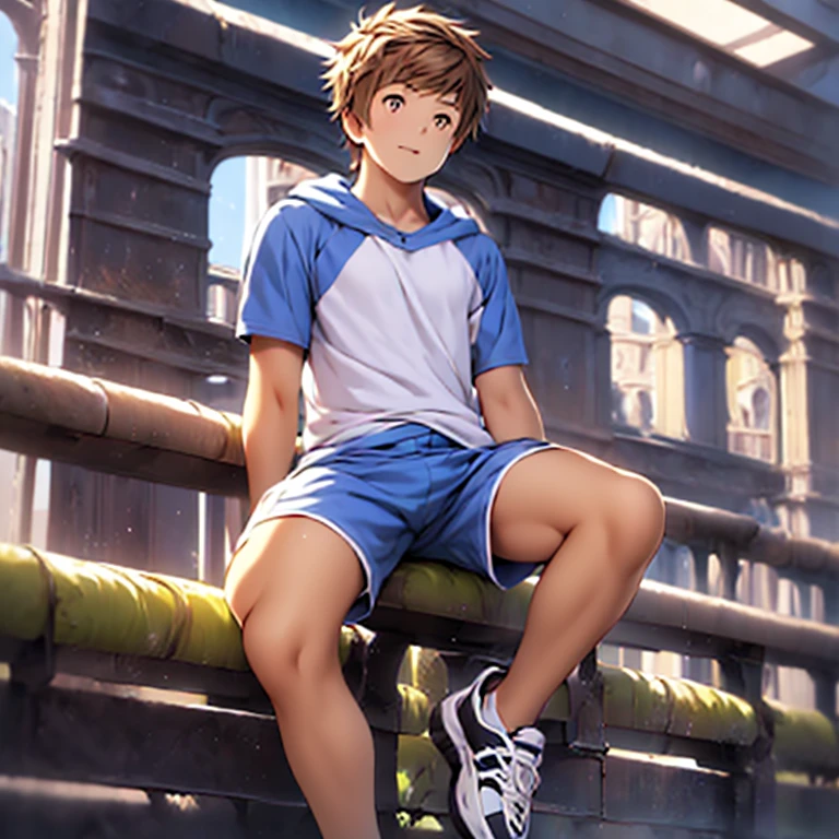 work of art，best qualityer，all-body视图，1 young boy，Young men，Tall and well proportioned，muscular，all-body，bonitas，exquisite eyes，details Intricate，Shorts，There is a huge bulge in the groin，shaggy brown hair，Medium length hair，House background，best light and shadow，sitting down，plantar，Dappled sunlight，giorno，Depth of field，summer，colorfully，ssmile