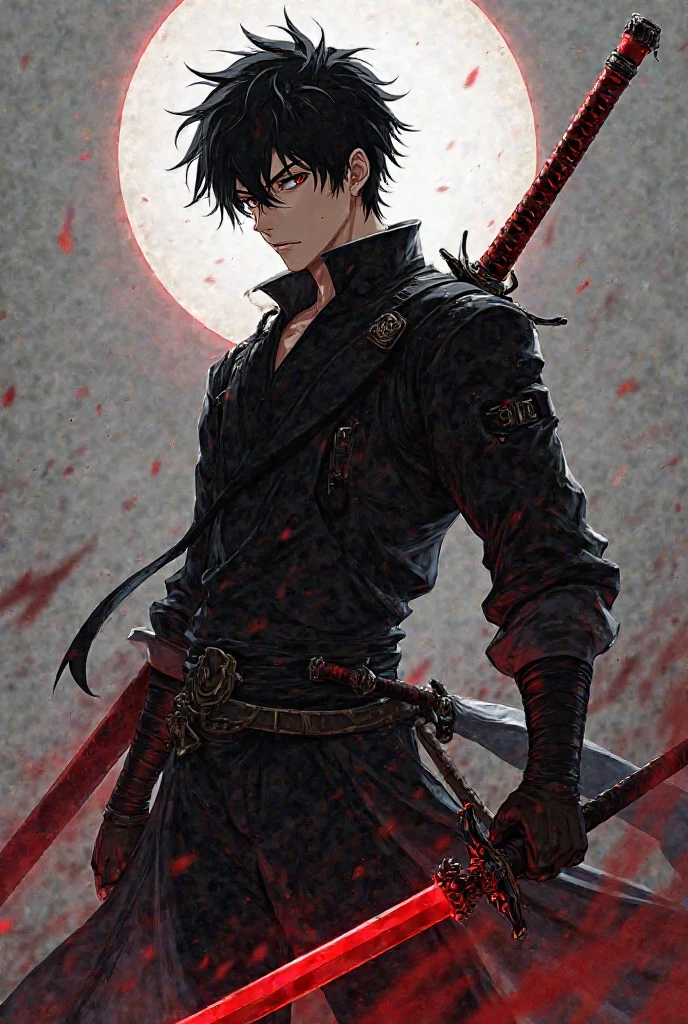 naughty man, Blood red eyes, bonitas, black hair with red highlights, brawny, With a scythe in hand (black with red details) , in the forest being illuminated by the beautiful blue full moon, with leftovers, fine-detailed, 8k