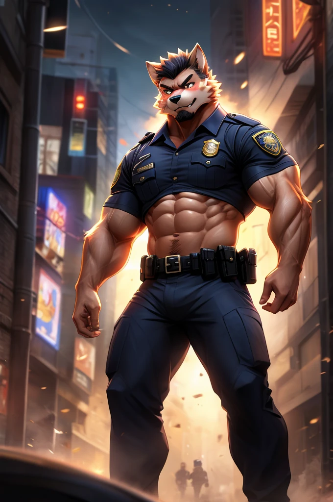 Tiger, male, solo, adult, abs, big pecs, nipples, older, strong muscles, detailed face, beautiful eyes, detailed eyes, police outfit, police shirt, open shirt, muscular chest, muscular, happy face, bodybuilder body, beefy, city and police car, blue jeans pants, bulge, looking at viewer, by bruteandbrawn, by personalami, by kenket, (intricate, high detail, film photography, soft focus, RAW candid cinema,
photorealism, realistic, photorealistic, analog style, subsurface scattering,
masterpiece, best quality, ultra realistic, 8k)