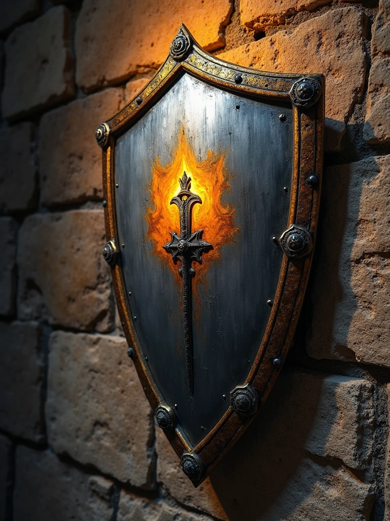 A close-up of a knight’s shield hanging on an ancient stone wall. The shield is crafted from polished steel with ornate golden edges, showing signs of wear from past battles. At its center, a hand-painted emblem of a lantern dispersing darkness stands out, its intricate brushstrokes giving it a timeless, heraldic look. The flickering torchlight in the dimly lit hall casts deep shadows across the rough stone wall, emphasizing the shield’s noble presence and the artistry of its emblem