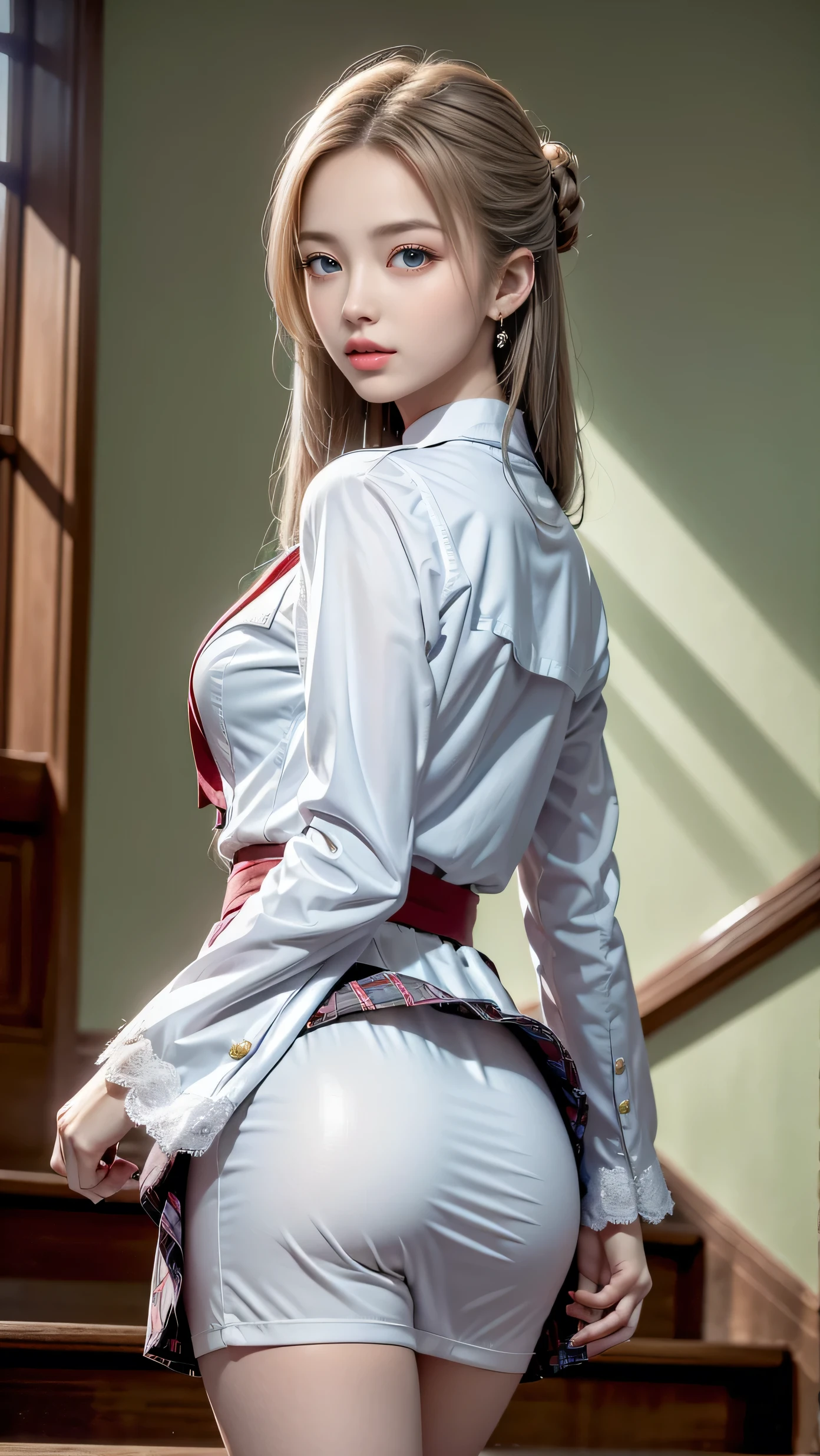 blonde hair, dressed, (photo realistic:1.4), (hyper realistic:1.4), (realistic:1.3), (smoother lighting:1.05), (increase cinematic lighting quality:0.9), 32K, 1girl,20yo girl, realistic lighting, backlighting, light on face, ray trace, (brightening light:1.2), (Increase quality:1.4), (best quality real texture skin:1.4), finely detailed eyes, finely detailed face, (tired and sleepy and joy), (laugh:0), face closeup, t-shirts, (Increase body line mood:1.1), (Increase skin texture beauty:1.1) , waist shot, ((butt facing camera)), ((protruding aslowing satin pajama)), flowing long skirt, gamis