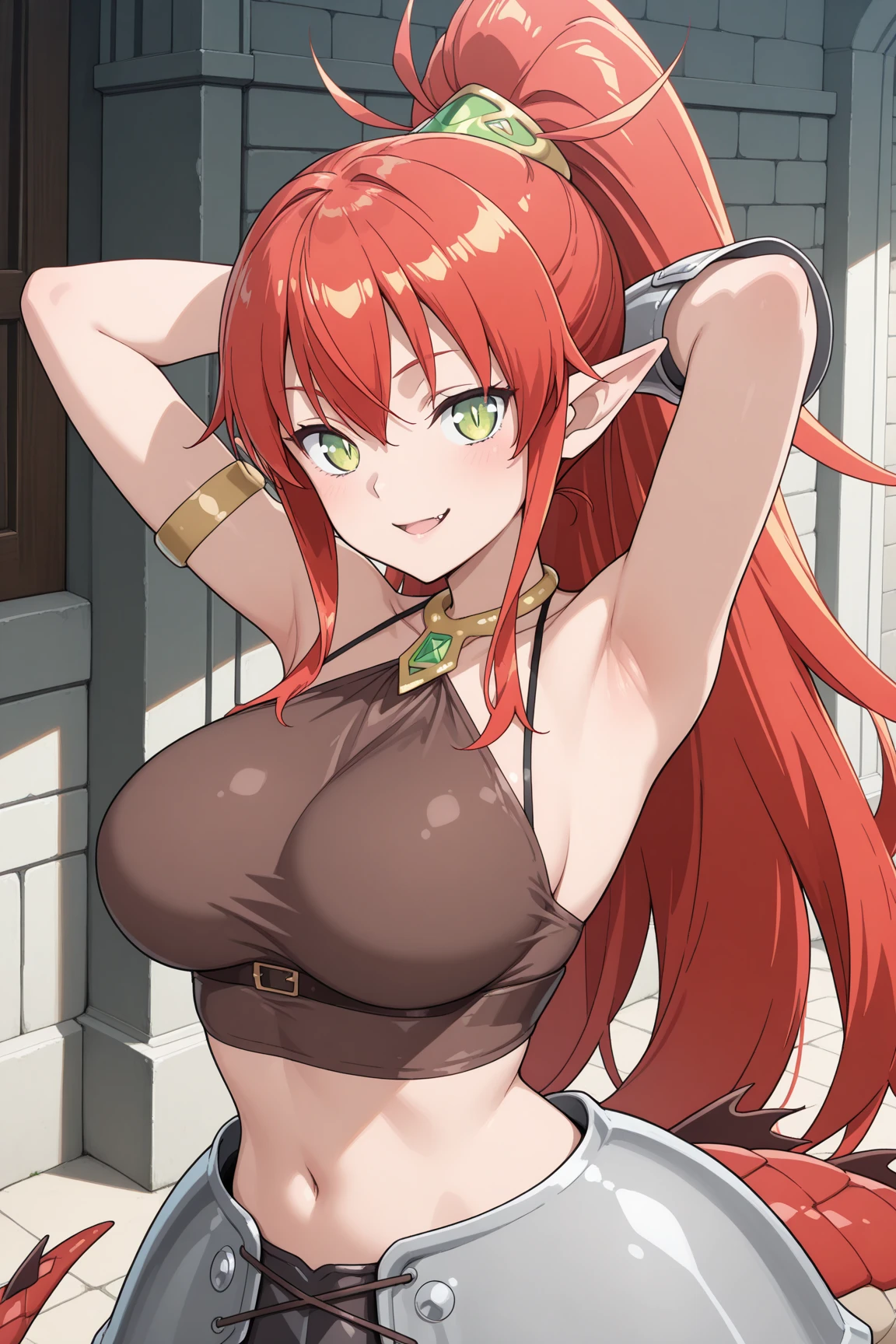 (score_9, score_8_up, score_8, score_9, ASCII score_9), (source_anime), (masterpiece best quality),   (looking at viewer), (looking at you), (1girl), solo, (Ulmandra), (), (salaryman ga isekai ni ittara shitennou ni natta hanashi), (pointy ears), long hair, solo, (red hair), smile, navel, tail,  smile, ponytail, jewelry, midriff, (dragon girl), (red tail), (green eyes), armor, very long hair, cowboy shot, Expressiveh, scales, scalie, scaly, fang, parted lips, armored skirt, armlet, asymmetrical gloves, demon girl, hair between eyes, (slit pupils), brown tank top, armpits, arms behind head, 