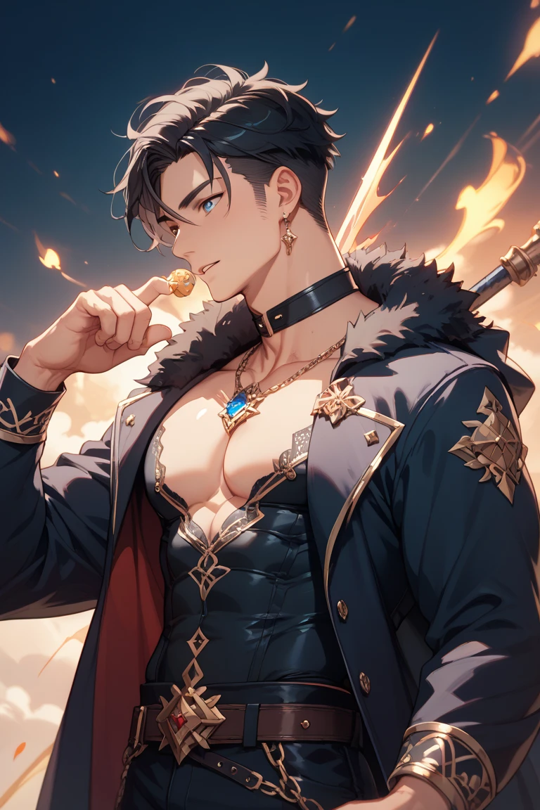 absurdres, highres, ultra detailed, HDR, master piece, best quality, perfect face, beautiful eyes, Wriothesley, black hair, expressive blue eyes, Genshin Impact, solo, sexy man, handsome, horny, lewd, vampire clothes, black cape, white gloves, accessories, showing the chest, vampire, fangs, luxurious room, night, window, red curtains, petals, magical, fantasy, Nu Carnival