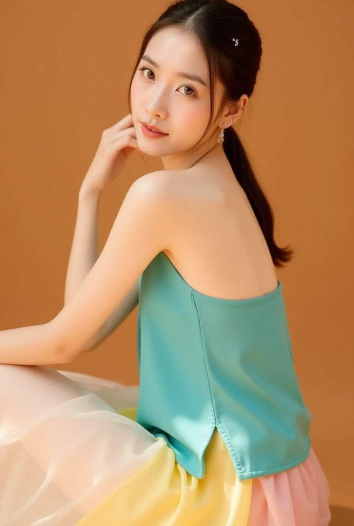 Photorealistic, Ultra-detailed, (Best Quality, 8K, 32K, masterpiece, UHD:1.2), Photo of 19yo Pretty Japanese girl, (pale blue camisole mini dress), bare shoulders, skinny, angry, bangs, sitting on the railing in the station platform, arm support,