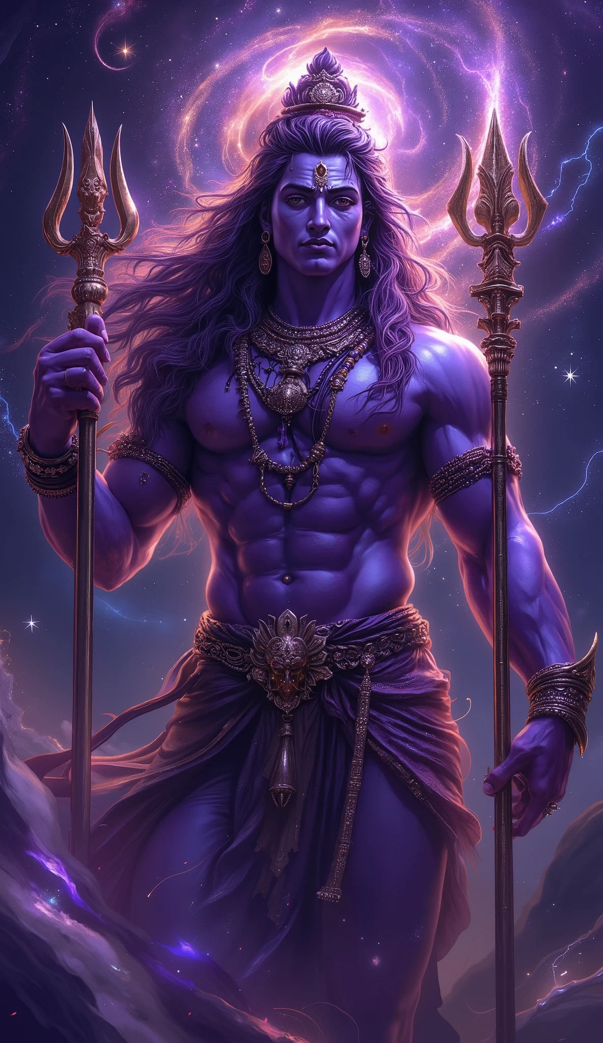 A hyper detailed photo of lord shiva, (masterpiece, best quality), intricate details, holding a big trishul (trident) jewelry,male focus,long hair,purple skin,muscular, darkstar style, glowing, space, planet, star /(sky/), black hole,