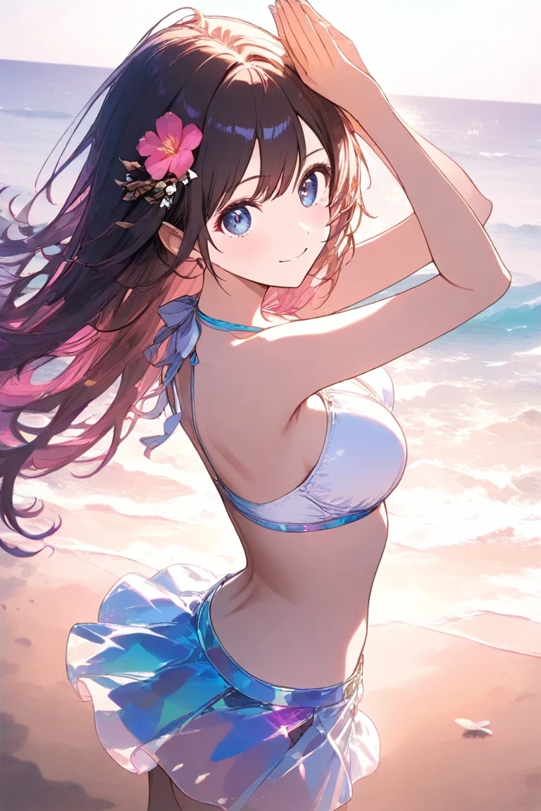 1girl, solo, in the style of an ink wash painting, wearing a hibiscus hair ornament, flower, vibrant blue eyes, white swimsuit, skimpy bikini, simple background, smile, white bikini, long hair, looking at viewer, flirtatious stance, blushing, underboob, arms behind back, o-ring, anime, seductive, adult