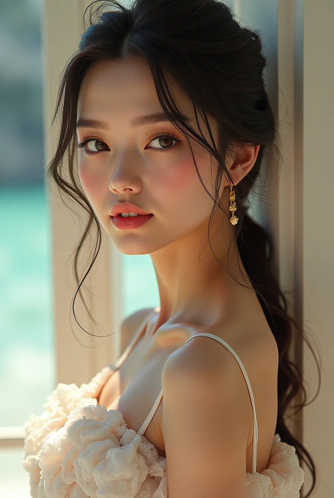 (Best Quality: 1.3, Masterpiece: 1.3), Ultra HD, (1girl, solo), atmospheric perspective, detailed face, fantasy world, makeup, pink lips, cleft lip, shiny skin, (brown hair), super long hair, Looking at In front of the audience, red eyes, earrings, small breasts, slim body, (white silk), (((((East Asian architecture, riverside, beautiful background))), perfect lighting, (frontal lighting), physically based rendering,