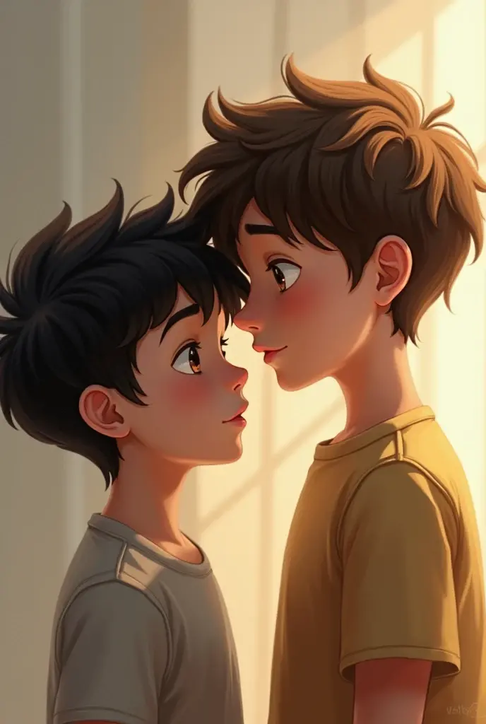 A black-haired boy with hazel eyes next to a tall boy with brown hair and blonde highlights and light brown eyes