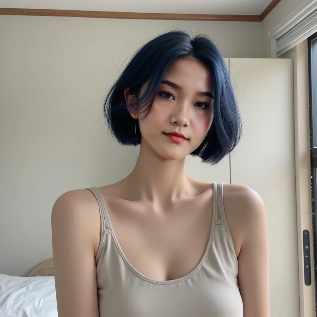 (1 Korean star with royal sister style)、((highest quality、8k、masterpiece:1.3))、(slender body:1.3)、concentrated:1.2、perfect body beauty:1.4、(laughter)、(street:1.3)、Highly detailed face and skin texture、narrow eyes、double eyelid、Whitening skin、(short hair、air bangs:1.3)、(round face:1.5)、(Little black dress:1.4)、concrete background、Top margin, end, left, and right、light blue hair