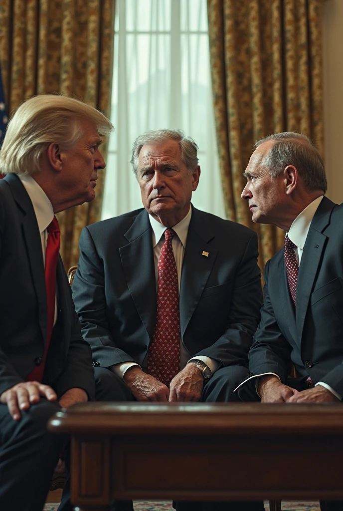 realistic photo of a meeting with the Presidents of the United States, Japan, Germany, Canada, France, Italy, United Kingdom and Russia, flags in the background
