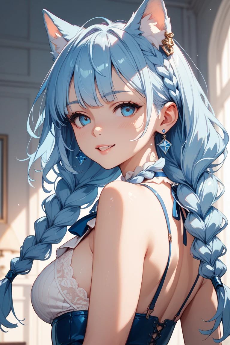 ((bestquality)), ((masterpiece)), (Detailed), perfect face,nude,baby-faced girl,Long blue braided hair