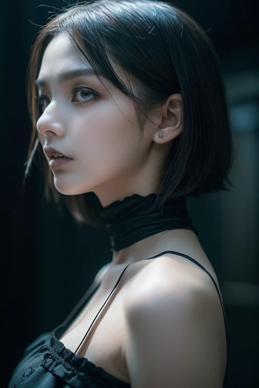 masterpiece, best quality, ultra-realistic, cute young woman, a confident woman, stands in a dark setting, wearing a sleek black dress that accentuates the body. Propped on elbows, lying pose. Soft lighting highlights her features and the contours of her body, creating an intense and striking visual contrast against the dark background. UHD, 8k, portrait photography, soft lighting, ghostly ambiance