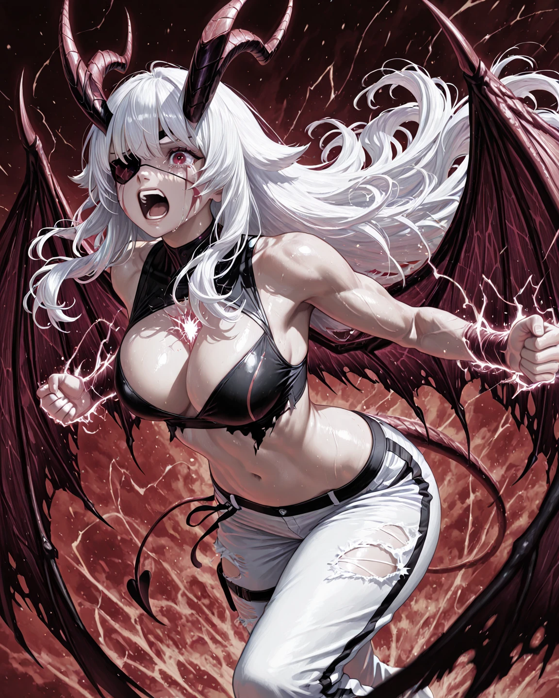 (megan fox), ((((((1 muscular demon girl)))))), (((huge upper body))), long hair, ((((huge demon wings))), (((pale skin))), (((sharp teeth, Huge horns, large nails))), navel, ((((full body front view))))
