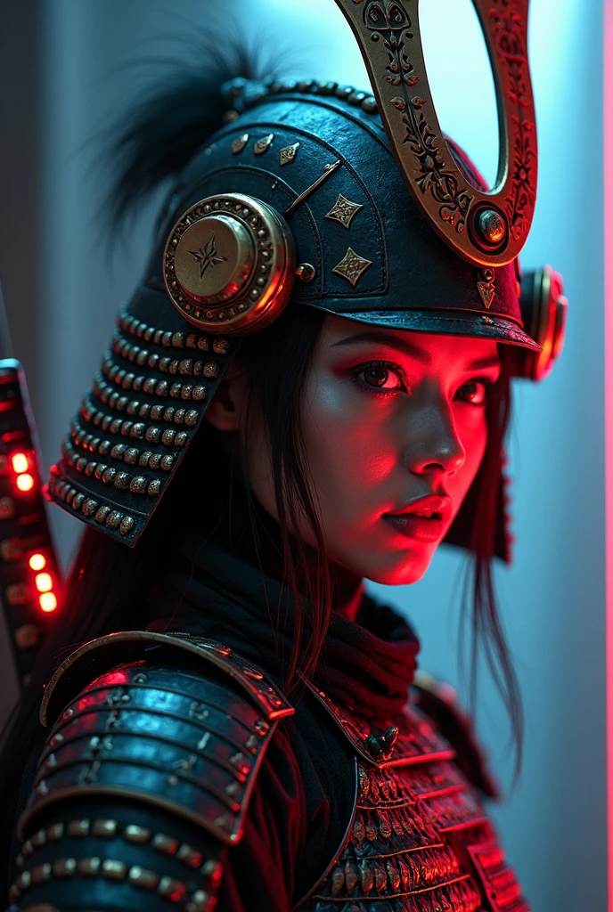 a high quality image of "The Warlord, cyberpunk samurai warrior, Red Desert Geisha, Scary Garry," futuristic, intricate details, dynamic poses, digital art, neon lights, warrior concept, post-apocalyptic vibes, cinematic composition, dark and gritty, high contrast, concept art, detailed character design, 4k.