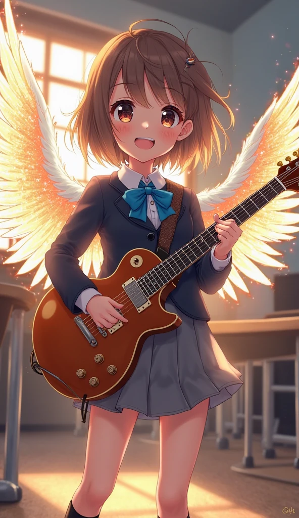 (best quality,4k,highres,masterpiece:1.2),ultra-detailed,realistic,portrait,a 5-year-old girl wearing a beautiful dance costume,black hair,detailed eyes and face,long eyelashes,rosy cheeks,a big smile,bright eyes,detailed lips,golden-brown hair,happy expression,joyful demeanour,holding a guitar,watercolor paints by her side,a microphone nearby,abundant music notes floating around her,cute little sheep,love theme,colorful backdrop,soft lighting,vibrant colors,playful atmosphere,White background