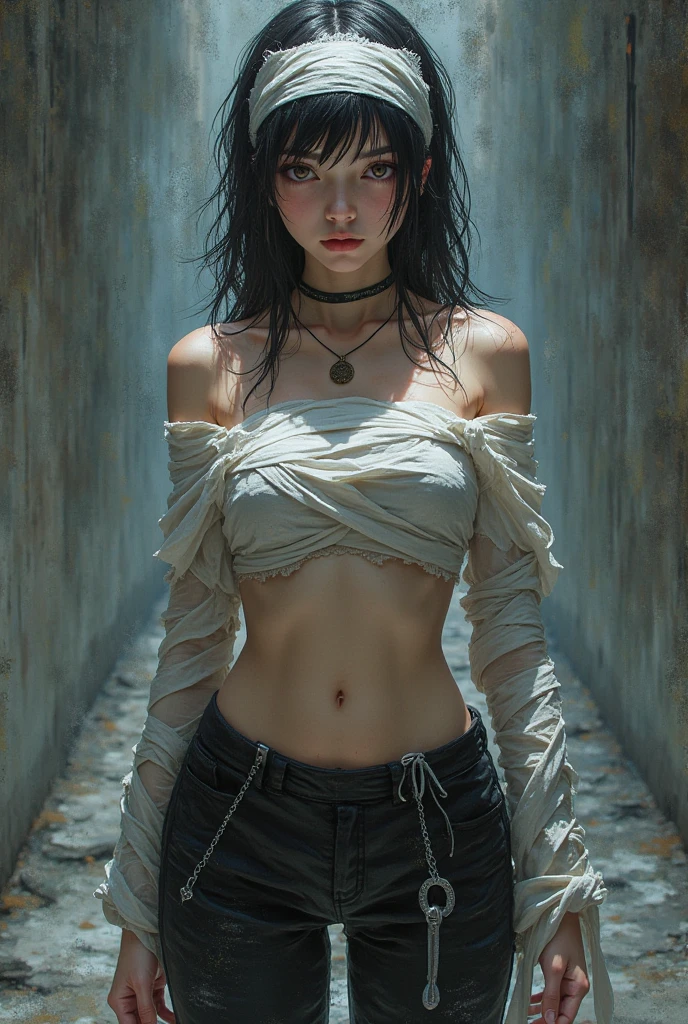 Thin woman、Tattered clothes、White tank top、Skinny body、Unhealthy appearance、Thin limbs、足をropeで縛られている、basement、Dark Room、Lock、rope、dirty prison