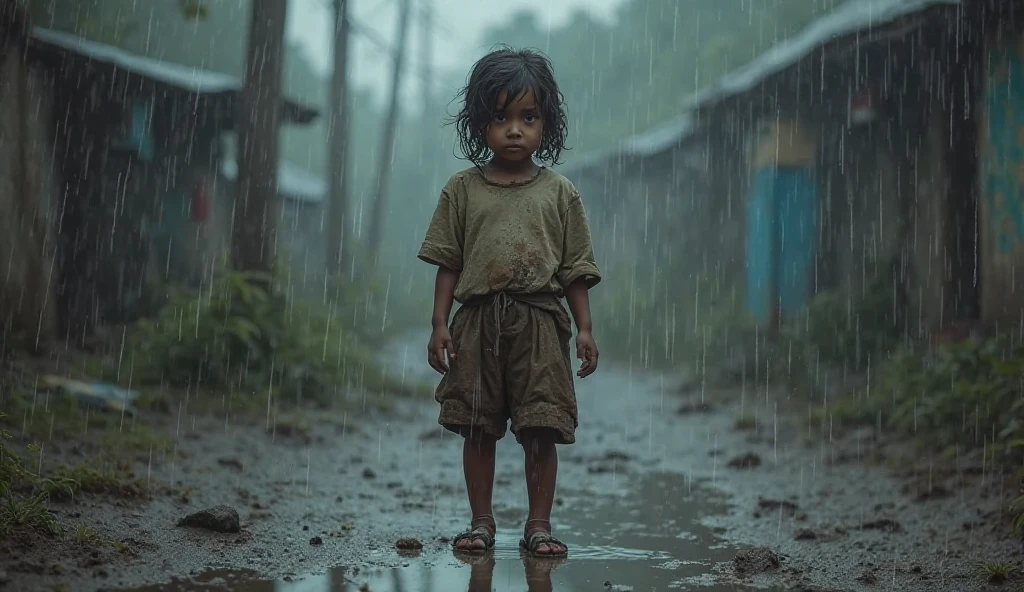 A very small poor child, on a street full of mud and it's raining, the boy has ugly and dirty clothes, the boy looks sad