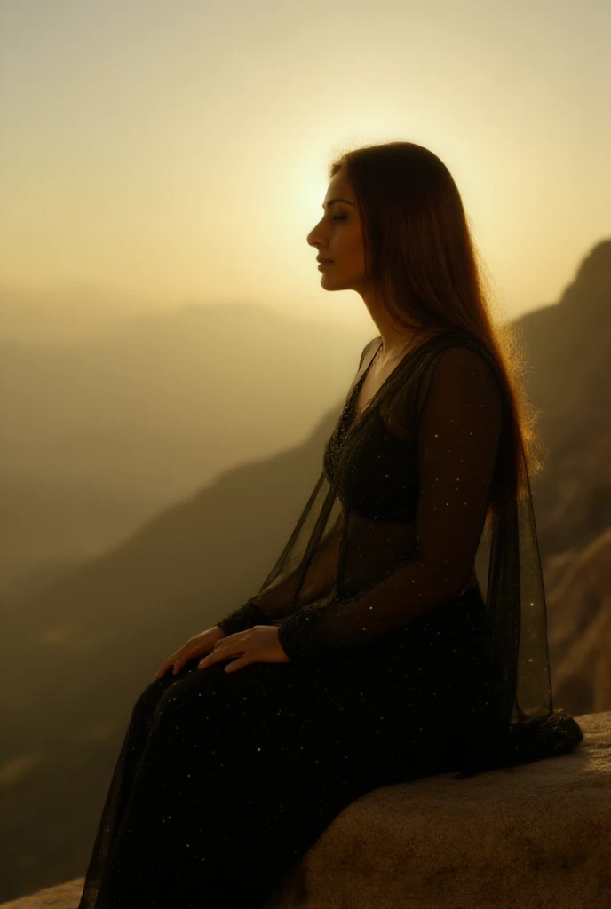 gere uma imagem de uma joven mujer de piel blanca, apparently about 20 years old. Ella tiene cabello negro con rizos cortos y abiertos y es delgada.. She is standing on top of a hill, with a sunny backdrop. The young woman looks at the sky with hopeful eyes and a serene expression., como si estuvieras contemplando algo maravilloso y lleno de esperanza. An image should have vibrant details and cores.. This image will be used as a book cover., then the top of the image should have a space to put the title of the book..