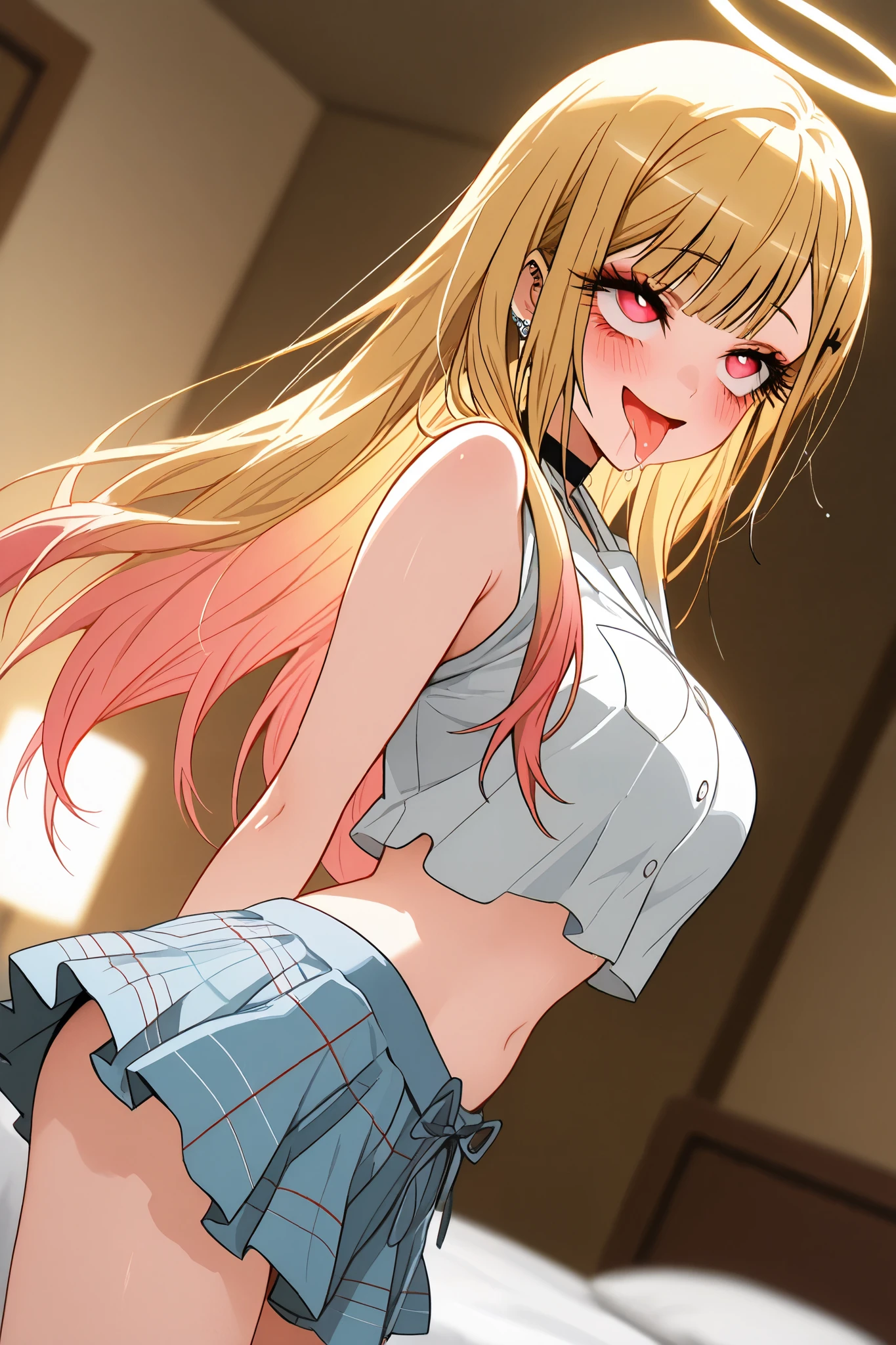 marin_kitagawa,1 female,solo,pretty,
front,lower body,from side,
blonde,long hair,side part bang,cut bangs,
colored inner hair,
red eyes,beautiful eyes,
big eyes,slant eyes,sleepy eyes,
long eyelashes,
angel(1.3),miniskirt,
white big bird wing from back,
ring of light on the head,
beautiful legs,thin thighs,thin calves,
large breasts,thin waist,
smile,blushing,drooling,tearful eyes,
rolling eyes,open mouth,tongue out,
I can see panties,cowboy shot,dutch angle,
perfect face,beautiful skin,
anatomically correct,
best quality,super detailed,
highest quality,masterpiece,high quality,
blurred background,
indoor,on bed,bedroom