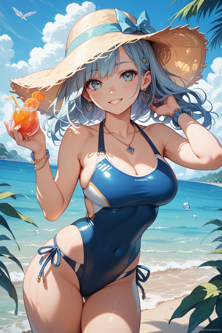 (masterpiece:1.2), best quality ,high resolution, 8k, detailed, BREAK extremaly detailed head, (perfect hands,perfect fingers, perfect anatomy), BREAK (blue one piece swimsuit), ((big breast)), BREAK (on the beach), (bottles of alcohol on the sand next to her), (beautiful background),