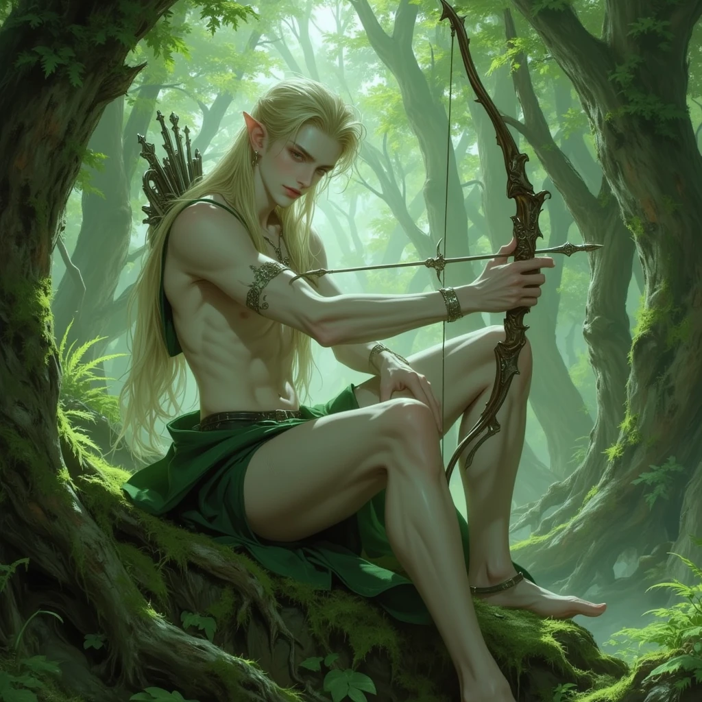 photorealism. A satyr lurked in the thick, dark thickets of fern leaves.. The satyr has waist-length yellow hair and a side bang. Very small horns. His legs are always completely covered with brown fur and always have hooves.. The satyr has a bare torso with a heart tattoo on his chest. Skin color tanned, Faun Ears. The satyr's appearance is Korean. He's a handsome guy. He shoots an arrow from a bow from the fern thickets, A kind jaguar next to him. And this satire has fawn legs. The jaguar hunts with him.