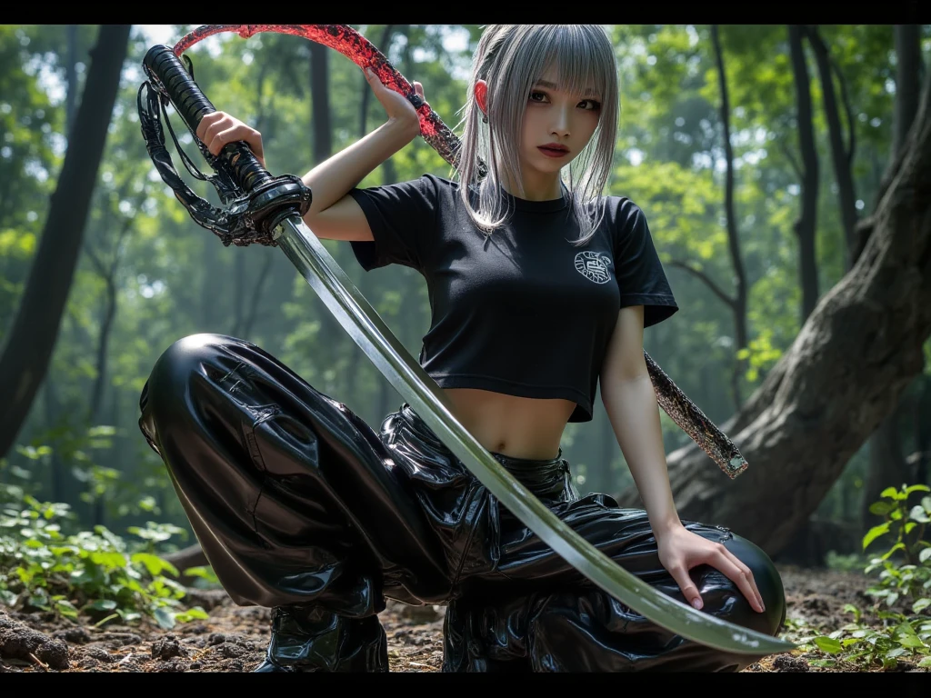 Girl, wearing a hood, neon color, holding a weapon, machine, white background, no background,