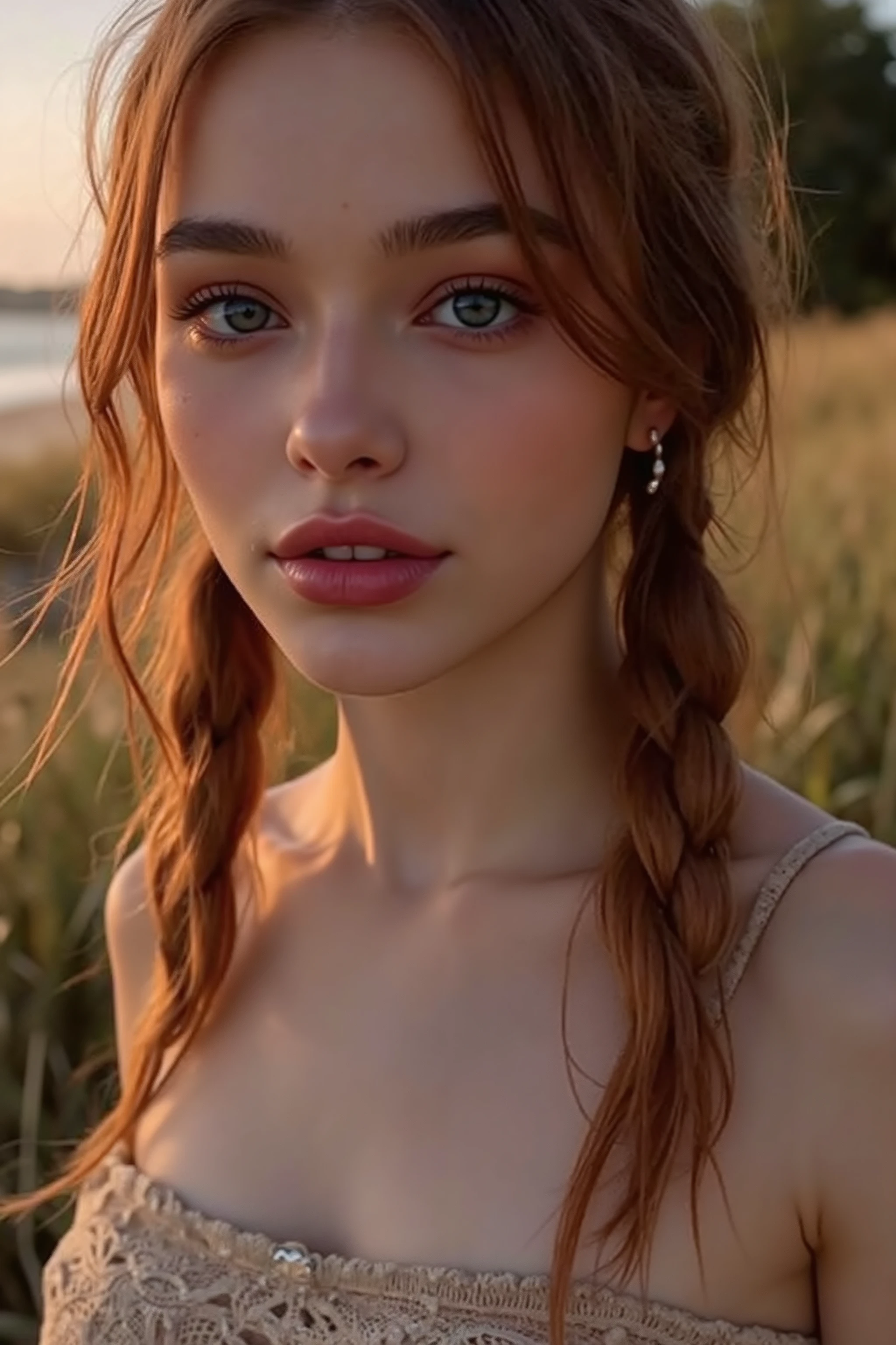 🌟 quality & silent:
masterpiece, 8k, ultra high resolution, hyperrealistic, very detailed, natural lighting, SLR lighting, SLR camera , Fujifilm XT3, film grain, Sharp concentration, perfect lighting.

🌌 Scene & background:
different backgrounds:

    A romantic sunset on the beach, with warm,  golden hues .

    A dark, mysterious forest with moonlight, that falls through the trees.

    A luxurious Bedroom with candlelight and silky curtains.

    Ein urbaner background mit Neonlichtern und regennassen Straßen.

😈 model & Styling:
a young, wild girl with fiery red hair, different hairstyles such as flattop, quin tails, tri tails, pixie cut, expressive hair, single sidelock, hair pulled back, french braid, blunt bangs, ahoge, streaked hair, which in various Poses fall loose or styled are,  and bright blue eyes .  She is wearing a lightweight , torn dress made of natural materials, that underlines her free and independent nature.

🔥 Pose & Mood:
Different sensual facial expressions:

     she looks directly at the camera , with a seductive smile and half-closed eyes.

    She bites her lower lip, with a playful and tempting look.

    She tilts her head slightly to the side, with a dreamy and sensual expression.

    She looks over her shoulder, with a mysterious and intense look.

Die Mood ist sinnlich, seductive and full of emotions.

💋 Brief summary 💋
"a young, wild girl with fiery red hair  and bright blue eyes  in verschiedenen Porträtaufnahmen bis zur Brust. It shows sensual facial expressions against different backgrounds, from a romantic sunset on the beach to a dark, mysterious forest. Die Scene ist hyperrealistic, hochdetailliert und in 8k-quality, with a sensual and seductive expression Atmosphere."