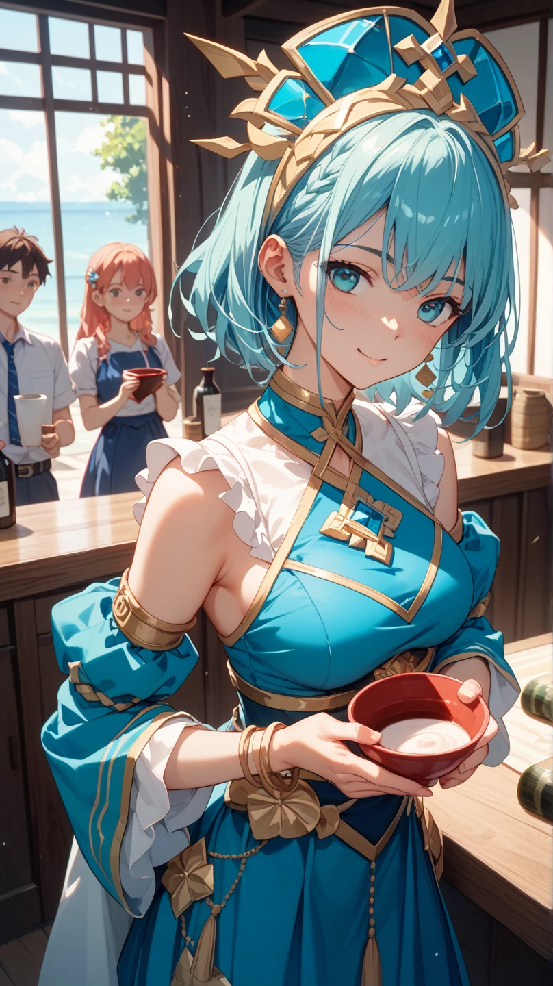 NSFW,masterpiece,Highest quality,High resolution,Very detailed,Sinon\(Sword Art Online\),Hooded parka,Open front clothing,Short-sleeved shirt,Crop top,Shorts,Shy laugh,blush,bustling street,Restaurant area,(Young man with black hair),Couple,Date,Breasts are grabbed