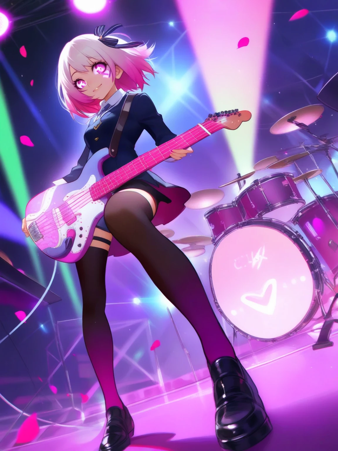 Mujer, pelo morado con rosa, ojos rosa pastel, ropa rosa con botas musicales, with a microphone