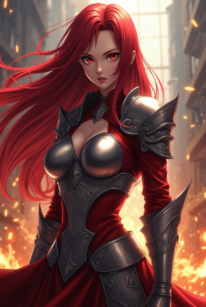 She is pointed to be beautiful with long red hair, red eyes and nice figure. She also has swords around her waist on both the left and right sides.
At the end of the Decisive Battle Chapter, she has streaks of white in her hair due to mana strain. Do it anime style