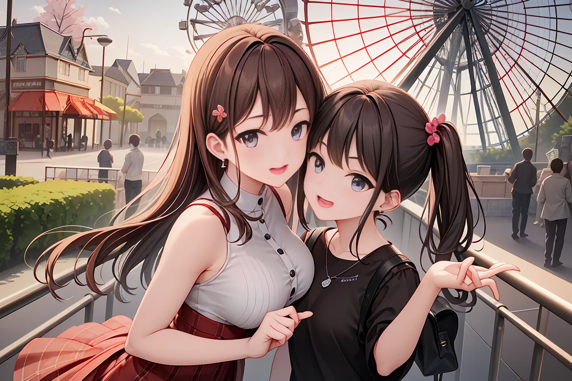 ((convex mirror on utility pole)), 1girl, 1other, looking up, looking at mirror, looking at another, updo, shy, cleavage, , camisole, miniskirt, car, roadside, street, crossroads, crosswalk, tree, mom, mature female, from side, rain, <lora:girllikeconvexmirror:0.9>