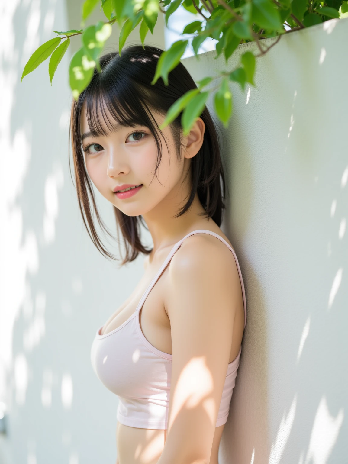 beautiful girl、Small breasts、camisole、The lower half is naked、Big tree、Hanging on a branch、Evil Smiley Face, Red eyes, Iris