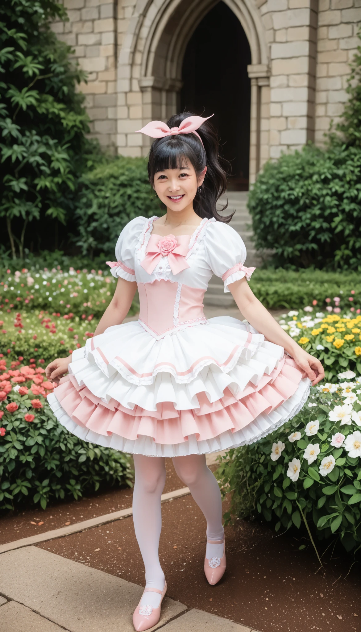 1 girl、running、 black hair、ponytail、blunt bangs, hair ribbon、pink、Magical Girl Clothes、miniskirt、ruffle dress, pinkのリボン, pinkチョーカー, layered skirt for two to spread legs, white stockings、pinkのハイヒール、smile、flower garden with a view of the castle in the distance、from front,full body,looking at viewe
