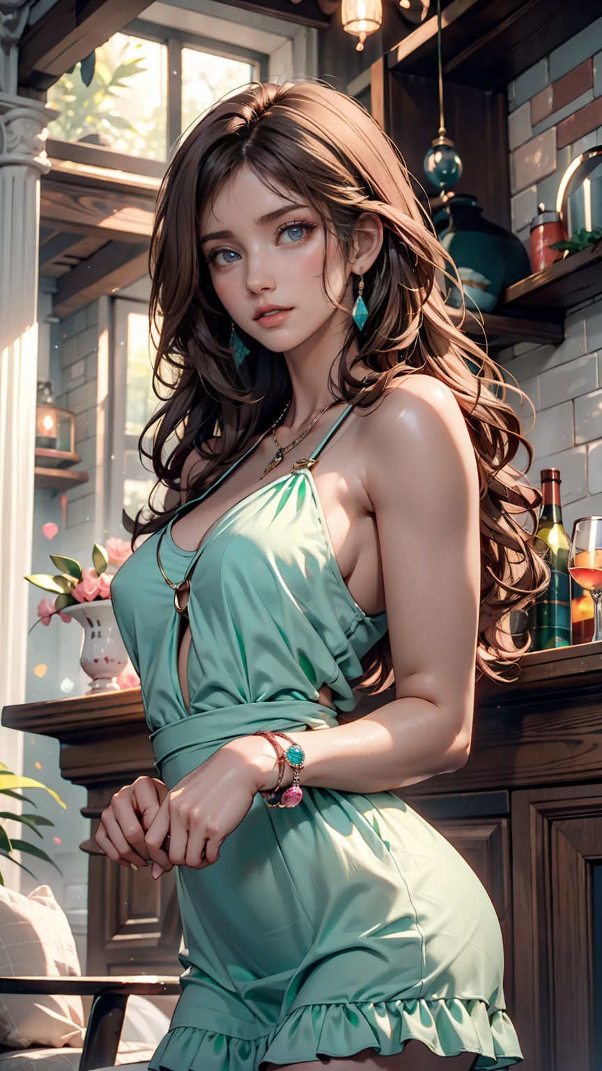 masterpiece portrait of a woman in Montreal at dawn, Long Hair, Cute orange curly hair, smile, Green Eyes, freckles, Floral print, dress, dawn, neon, light, caustic, Lens Reflection, ((alone)), Ishmael_edge