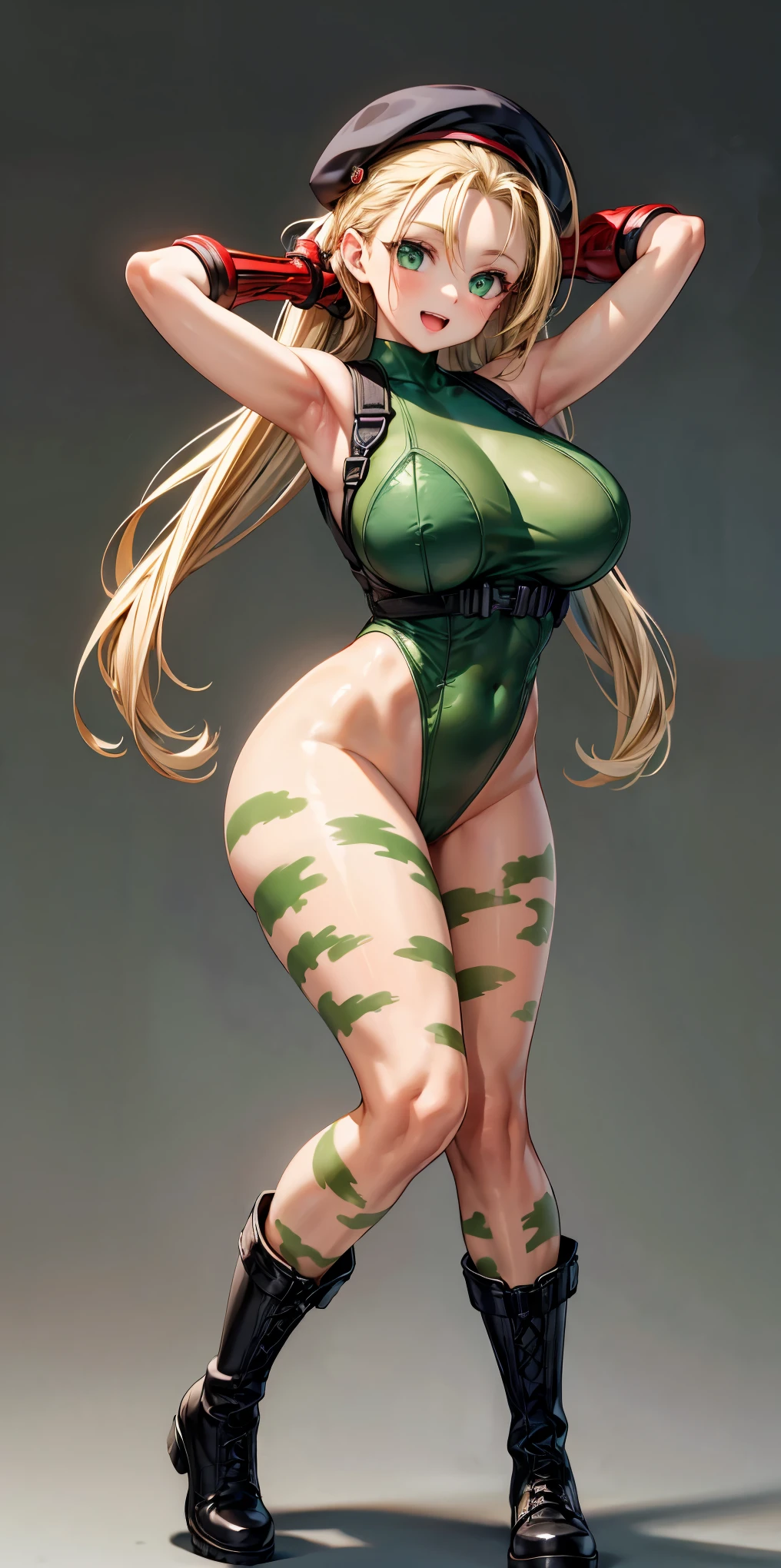 ((top-quality)),
cammy,
Olive Drab leotard,
Red beret,
Beautiful skins,
Beautiful belly,
hips up,
sweet,